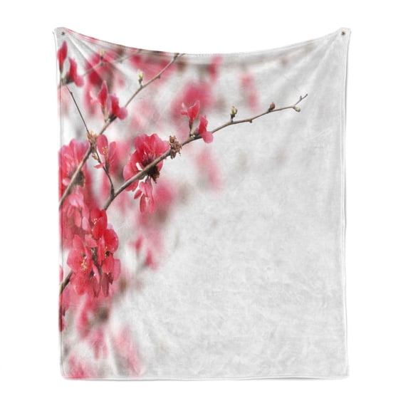 Spring Soft Flannel Fleece Blanket, Nature Beauty Cherry Blossom Branches Misty Inspirational Japanese Blooms Image, Cozy Plush for Indoor and Outdoor Use, 70" x 90", Hot Pink White, by Ambesonne