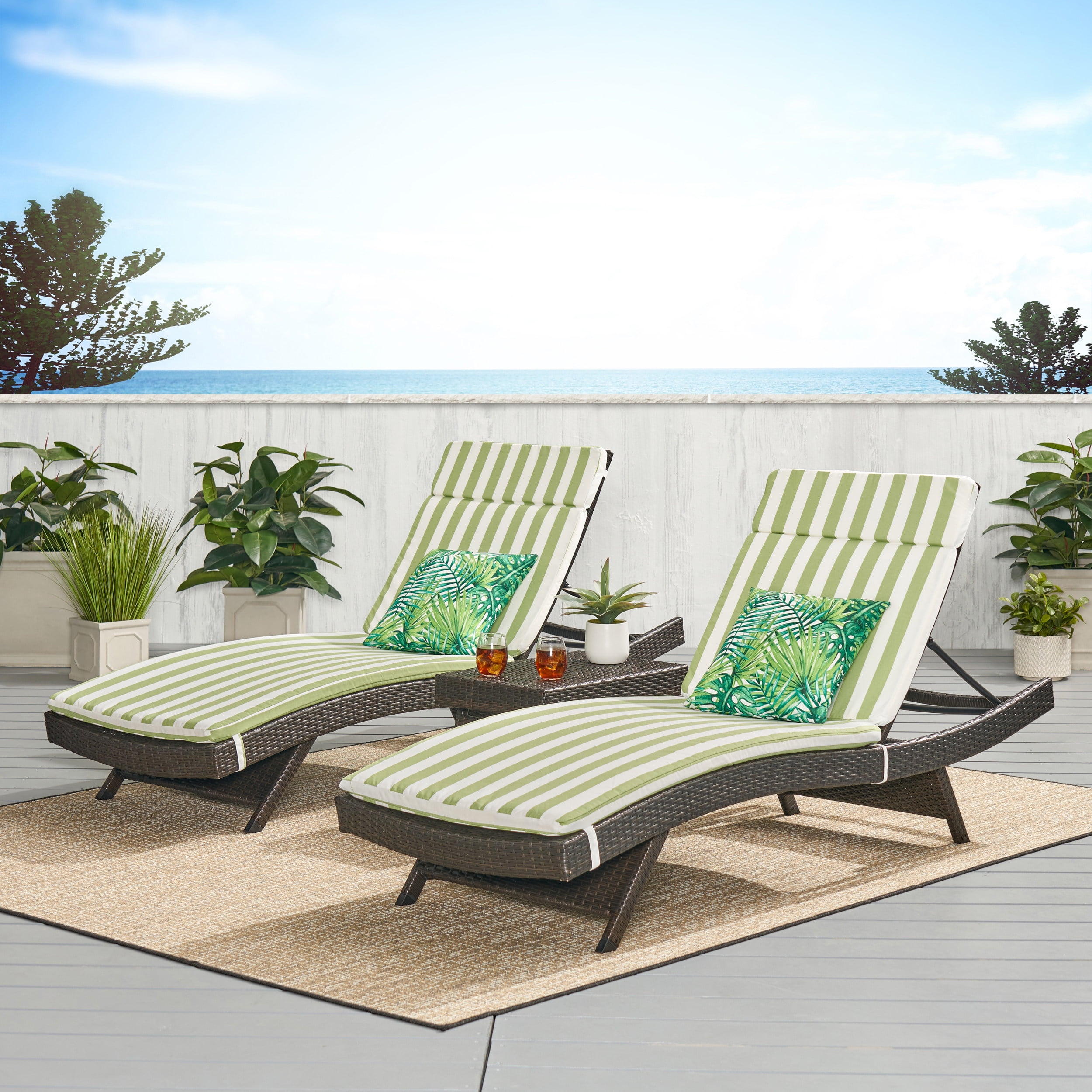 Anthony 3 Piece Outdoor Wicker Lounge with Cushions and Coffee Table, Multibrown, Green and White Stripe