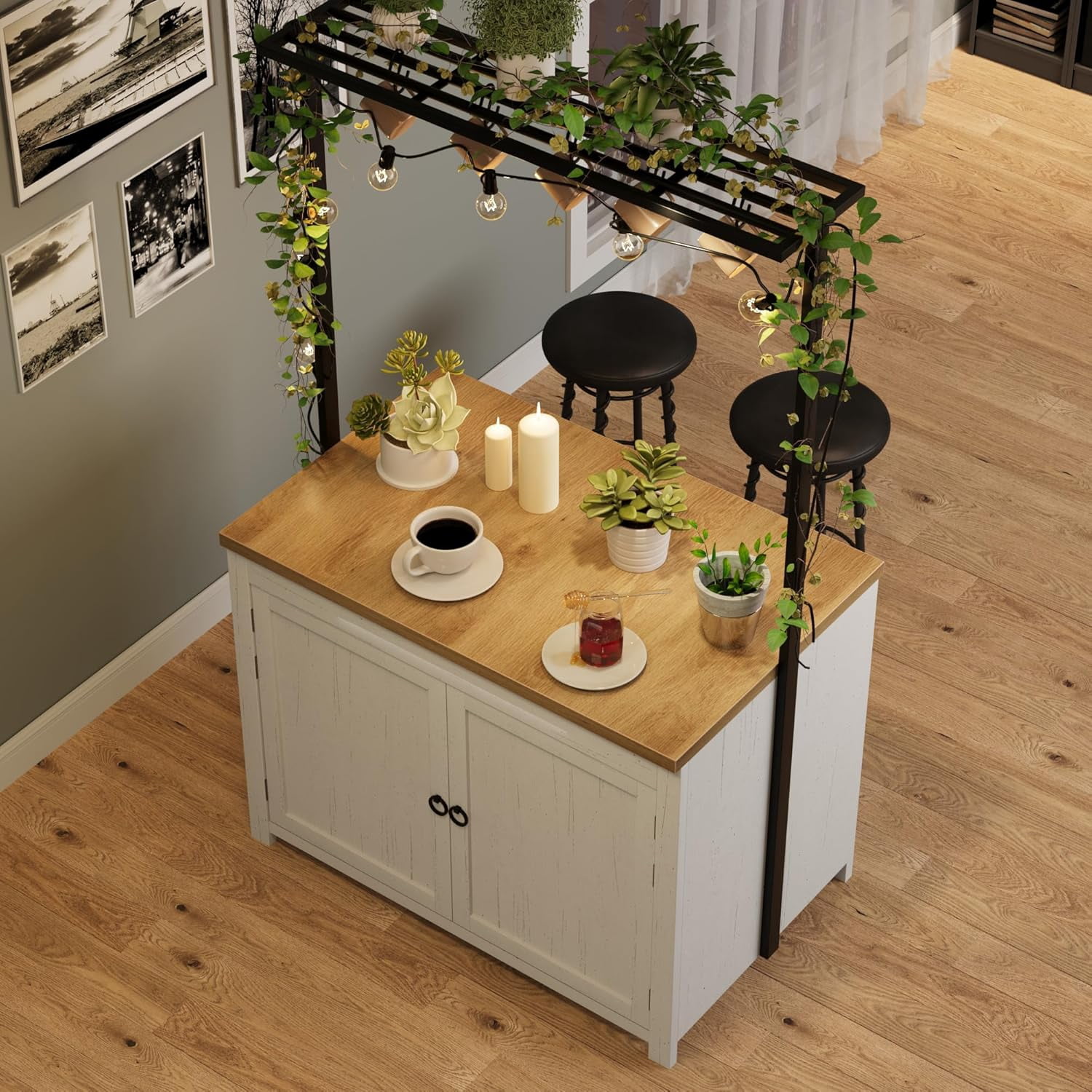 42" Kitchen Island with Storage, 1.2" Countertop Heavy-Duty Multi-Functional Kitchen Cart with 2 Tier Shelves, 5 Hooks, Metal Coffee Bar Table for Dining Living Room White