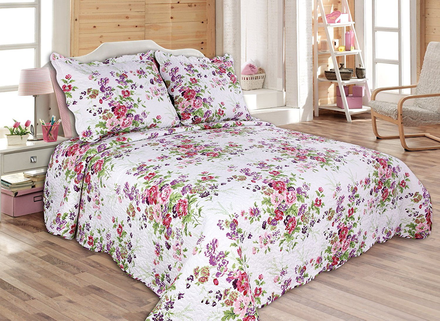 Pink Flowers 3 Piece Reversible Quilted Printed Bedspread Coverlet 