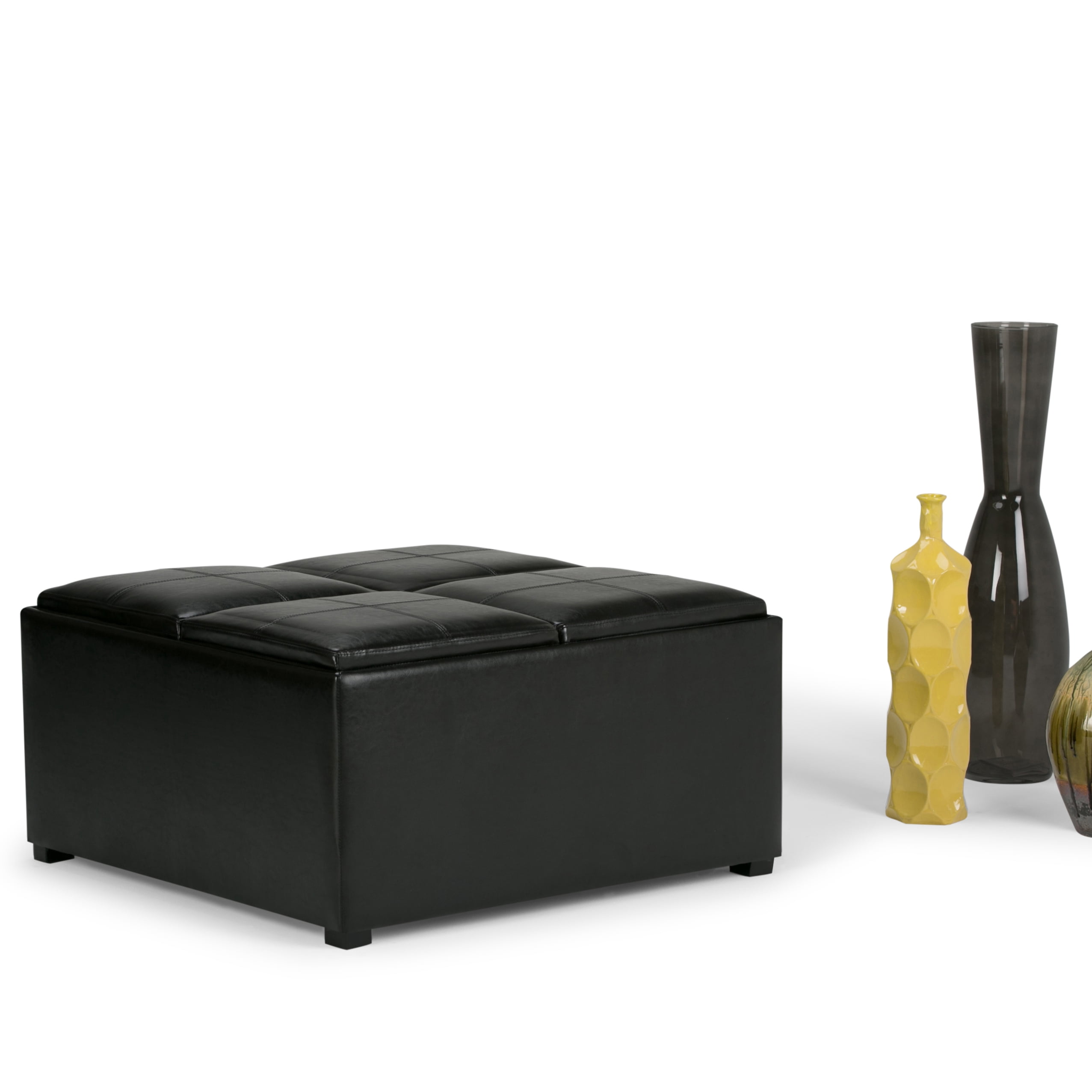Simpli Home Avalon 35 inch Wide Contemporary Square Coffee Table Storage Ottoman in Midnight Black Vegan Leather