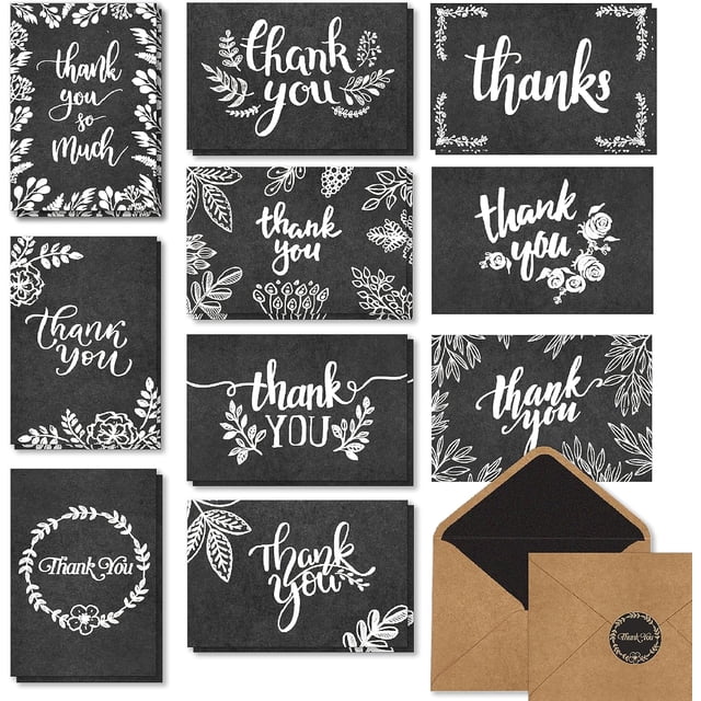 120 Elegant Black and White Chalkboard Kraft Thank You Cards with Kraft Envelopes and Stickers - 6 Designs Bulk Notes with White Letters for Weddings, Business, Formal and All Occasions 4x6 Inch