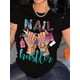 thumbnail image 1 of Camiseta con estampado gráfico y letras de uñas, manga corta, cuello redondo, informal, para verano y primavera, ropa de mujer, camiseta deportiva de ocio., 1 of 6
