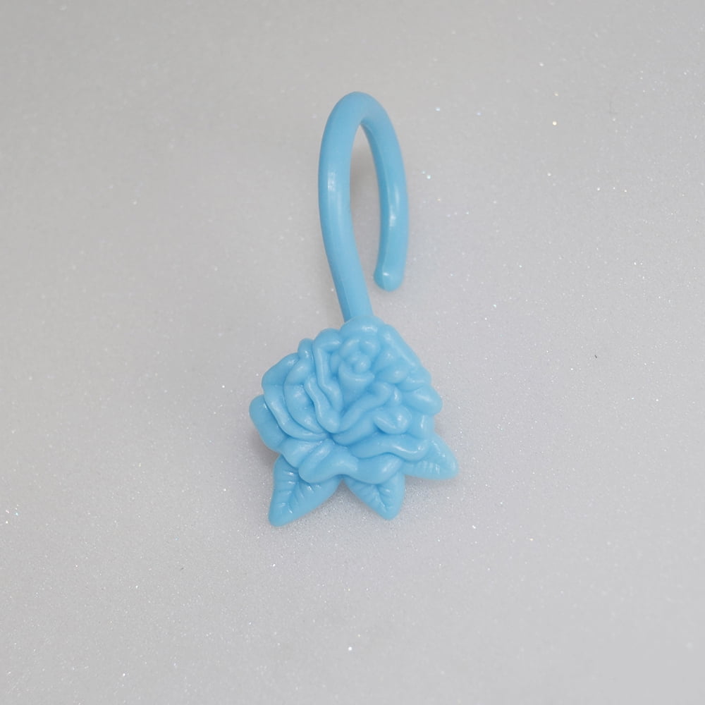 Blue Shower Curtain Hooks/rings Rose Flower, Set of Twelve (12)