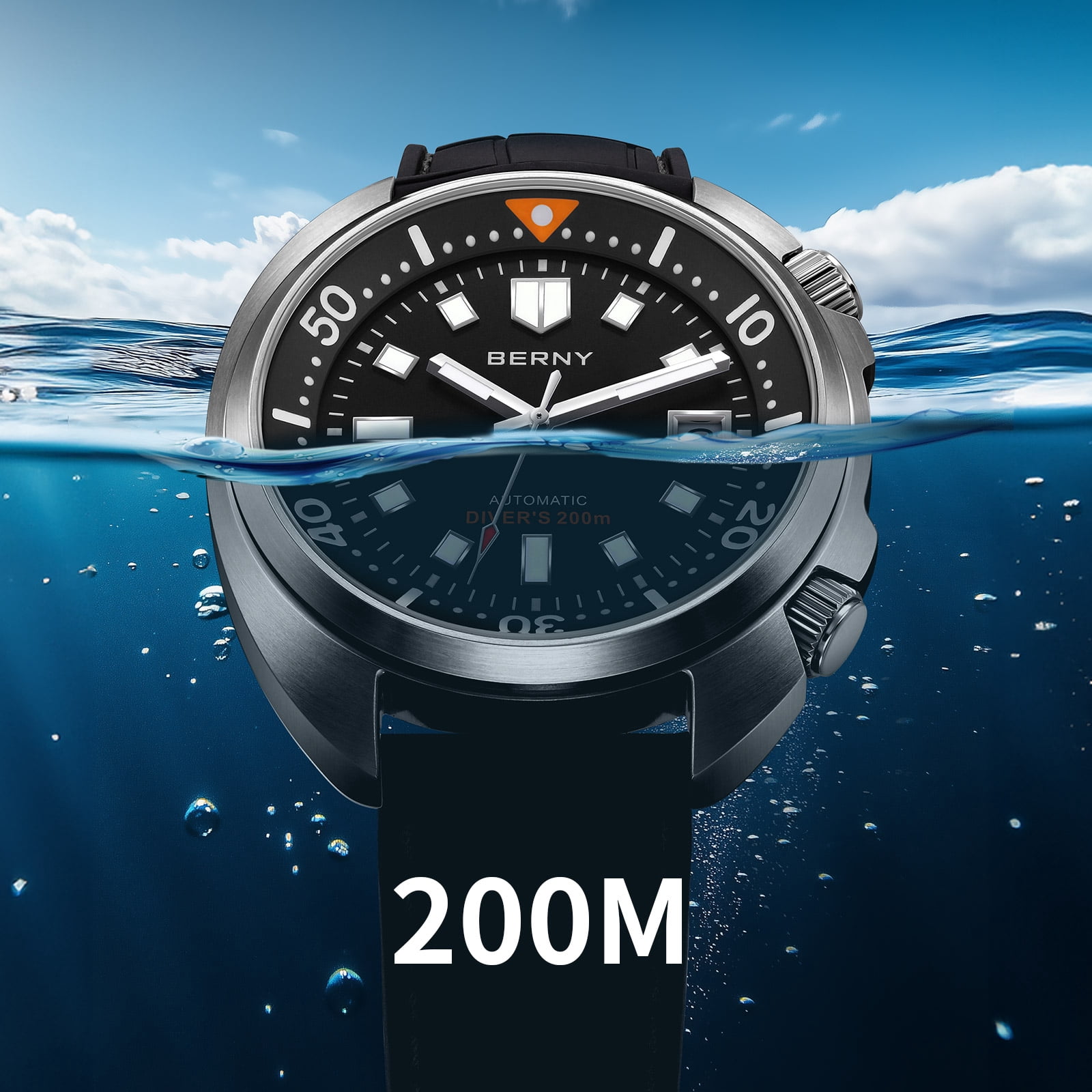 BERNY Automatic Dive Watches for Men, Sport 200M Waterproof Analog Mechanical Watch with Date Display, Super Luminous, Silicone Strap, Sapphire Crystal, Fashion Men's Diver Watch (Black)