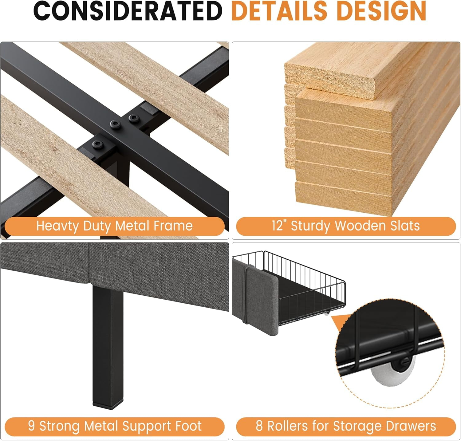 Full/Queen/King Size Bed Frame 2 Storage Drawers,Modren Upholstered Platform Bed Frame with Solid Wooden Slats Supports,No Box Spring Needed