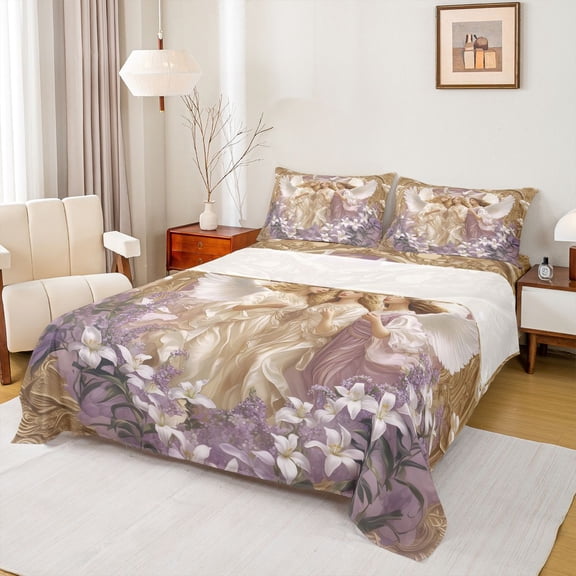 Homewish White Lily Twin Sheet Sets,Chic Angel Girls Twin Fitted Sheet,Gold Purple Flat Sheet For Adults,Super Cozy Room Decor,3-Piece