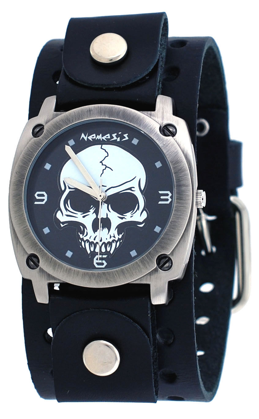 Nemesis B926K Men's Gun Metal Skull Dial Wide Leather Cuff Band Watch