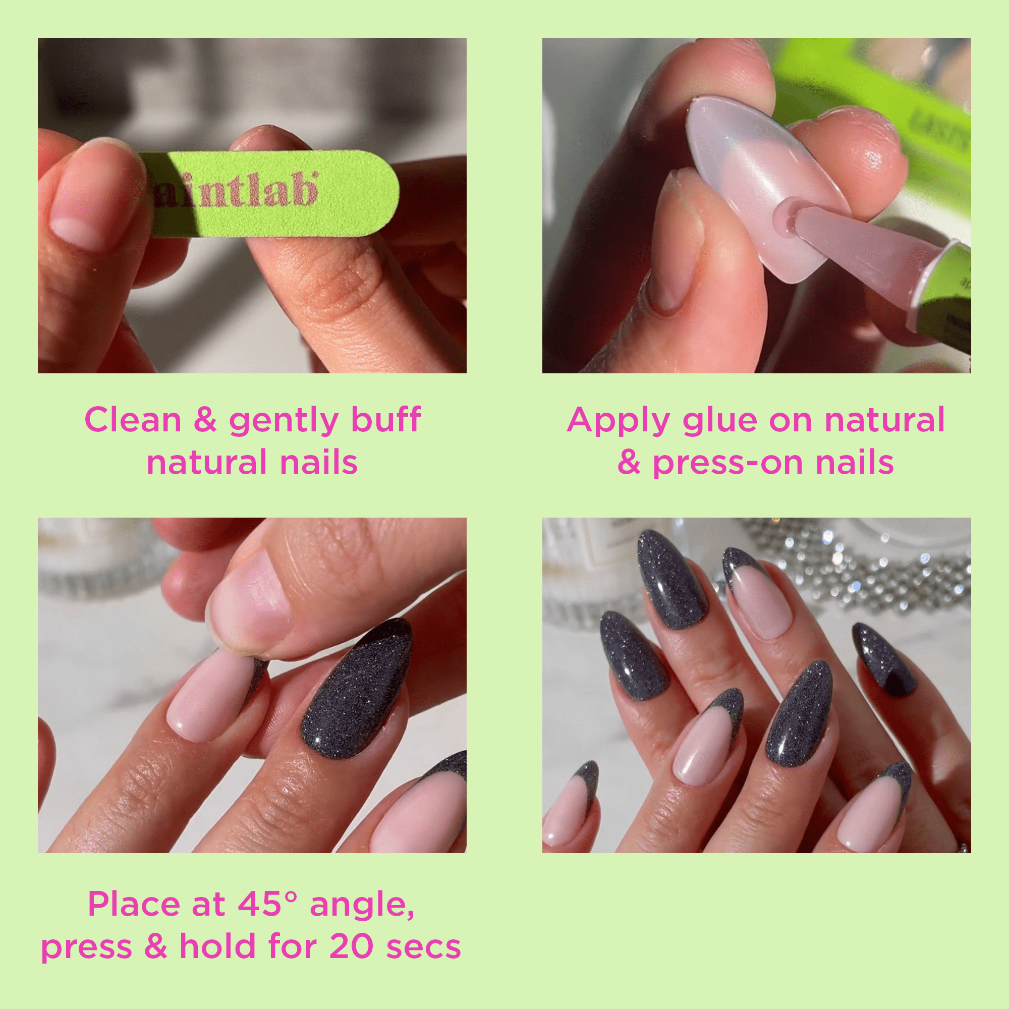 PaintLab Short Almond Press On Nails 3D, Prima Ballerina, Black, 30 Count