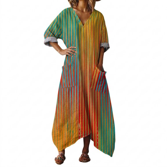 Puliio Maxi Dresses for Women Three Quarter Sleeve V Neck Stripe Print Loose Casual Dress with Pockets
