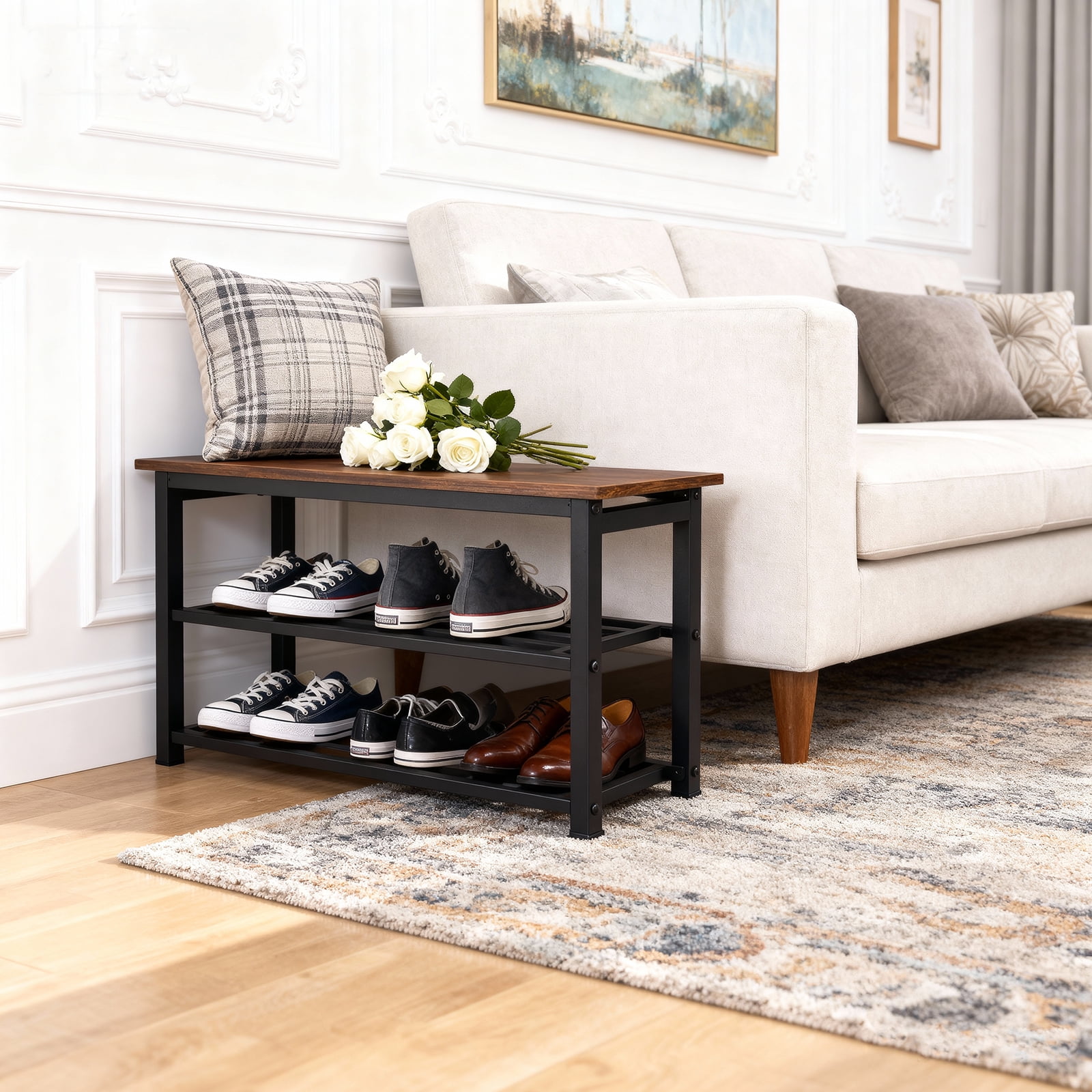 27" Shoe Bench, Modern Industrial Shoe Storage Bench, Entryway Bench with Mesh Shelf and Sturdy Metal Frame, Metal Shoe Rack with Durable Wood Top for Hallway, Mudroom, Living Room, Rustic Brown