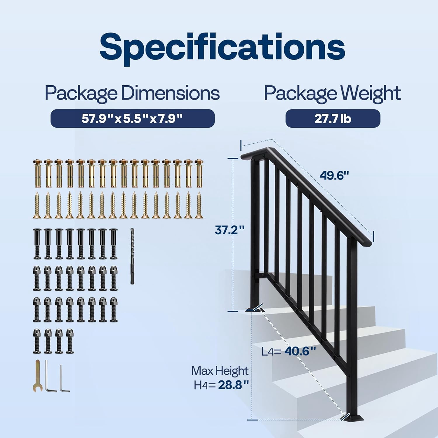 SPECSTAR 2-Pack Outdoor Handrails, 4-Step Galvanized Steel Hand Rails for Outdoor Steps – 27.1" Black Oval and Safety Balusters Exterior Railing Kit for Porch, Deck, or Indoor Stairs