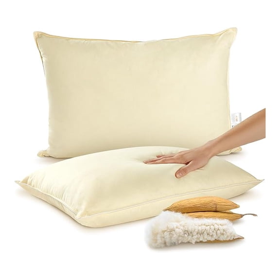 Set of 2 Organic Kapok Bed Pillows, Natural Kapok Fiber Filled Sleeping Pillows with Breathable Cotton Shell, Standard Size, 20 x 28 inches