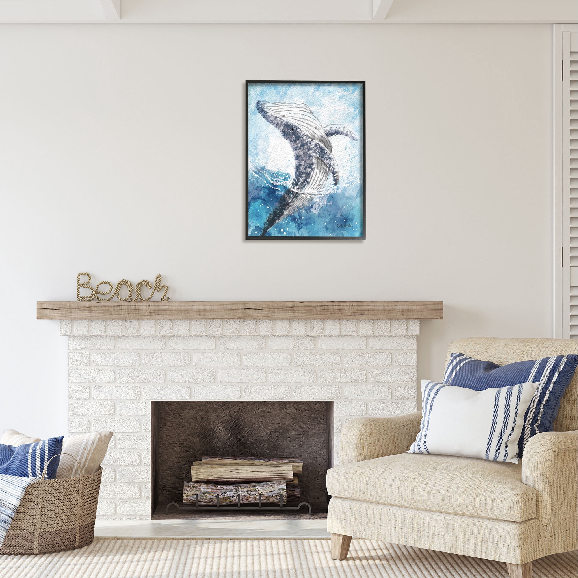 Stupell Industries Splashing Marine Whale Animals & Insects Painting Black Framed Art Print Wall Art, 24 x 30