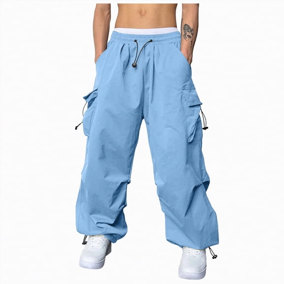 NOLDARES Men's Casual Cargo Pants Tapered Loose Fit Cuffed Joggers Sweatpants Drawstring Tactical Pants with Multi Pockets(Sky Blue,2XL)