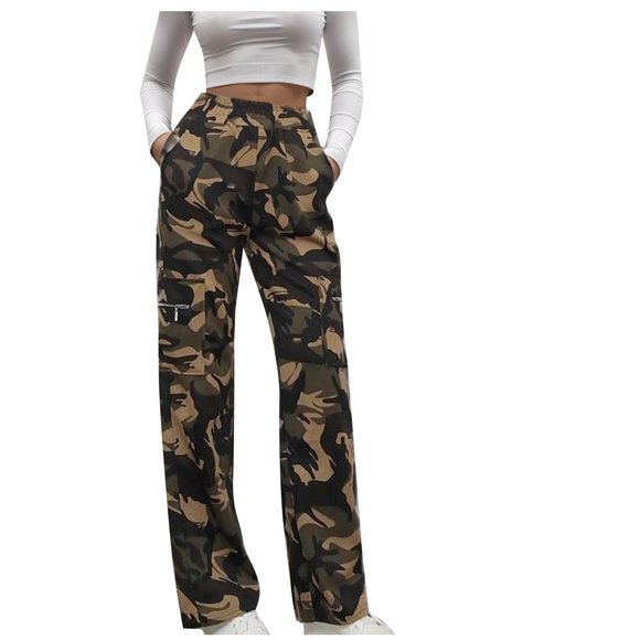 LOVZFMLL Cargo Pants for Women Camo Baggy Streetwear Trousers High Waisted Straight Wide Leg Casual Loose Pants with Zipper Pockets