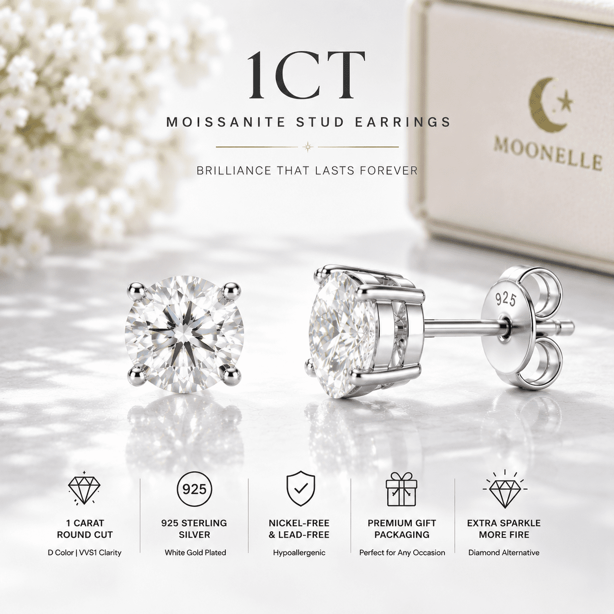 MOONELLE 1Ct Round Cut Moissanite Stud Earrings for Women, 925 Sterling Silver, White Gold Plated