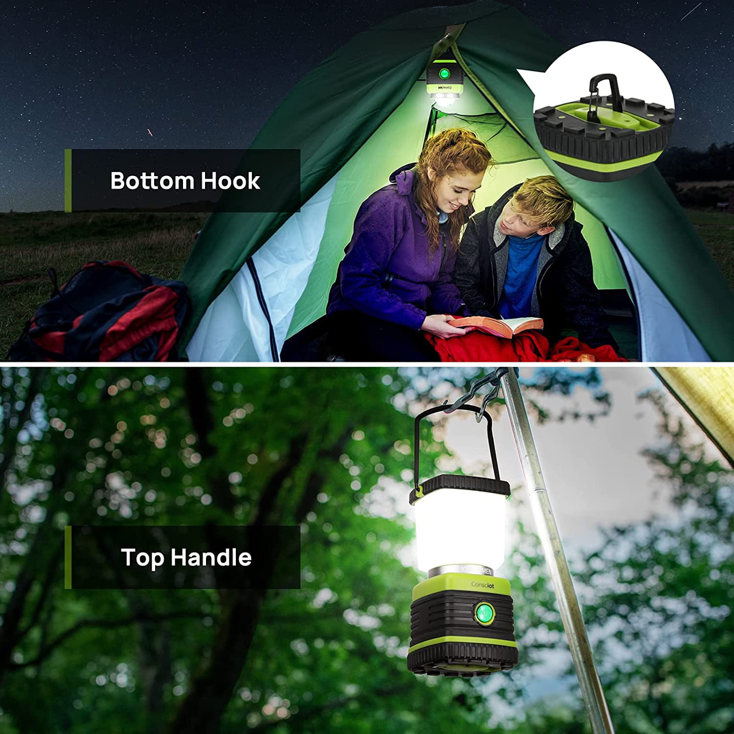 2 Pack LED Camping Lantern Flashlight Rechargeable, Consciot Portable Torch  with 6 Light Modes, 3600mAh Power Bank, IPX4 Waterproof, USB C, Camping