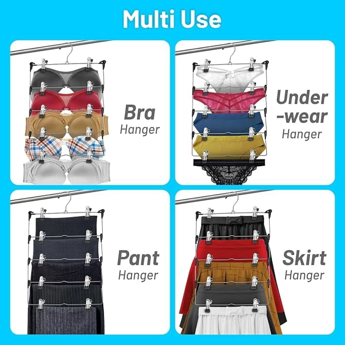 DEILSY 5-Tier Skirt and Pants Hangers with Clips - Space-Saving Metal Clothes Hangers with Adjustable Anti-Slip Clips for Skirts, Pants, Dresses, and More - Pack of 3