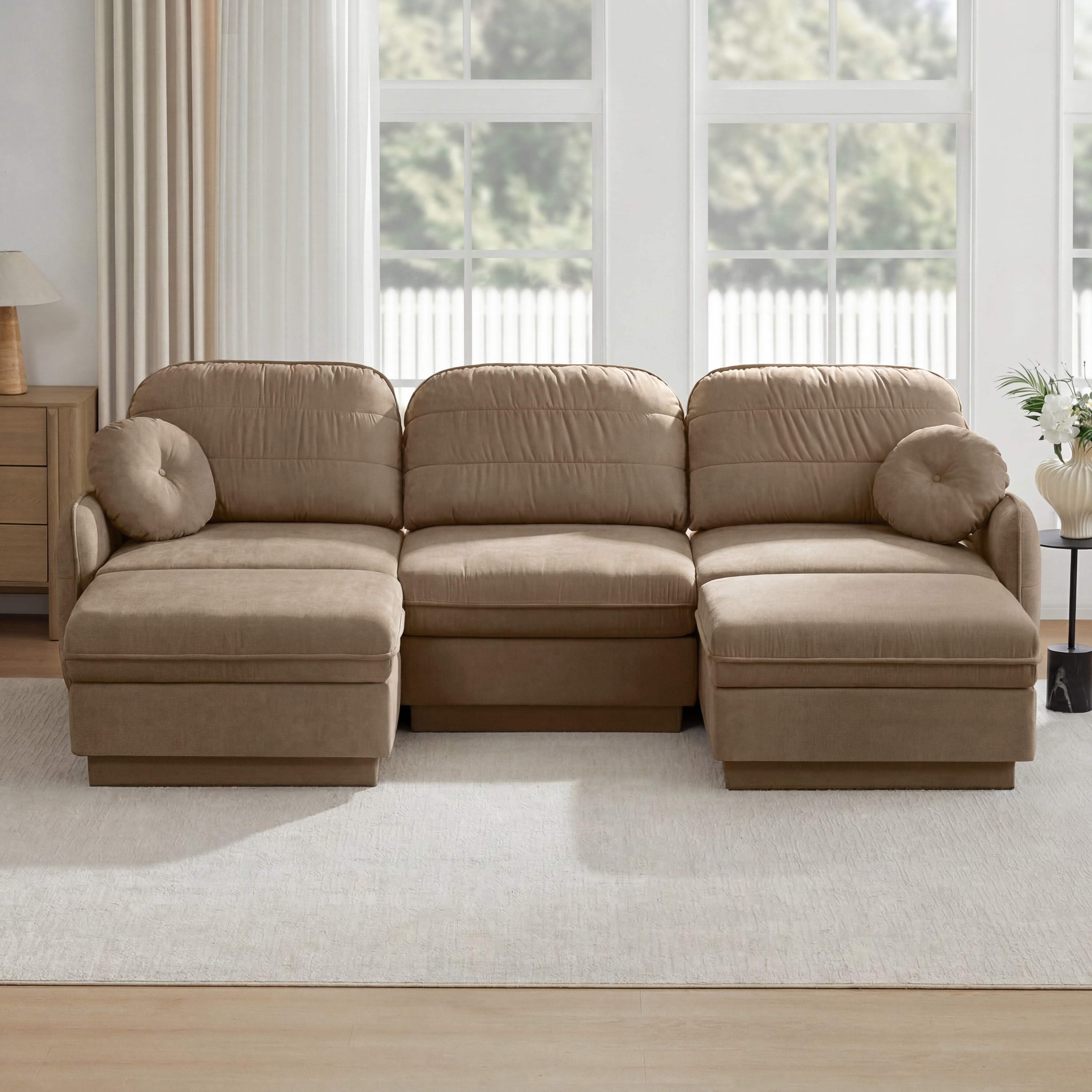 Mintazer 105" Chenille Cloud 3-Seater Modular Sectional Sofa with 2 Movable Ottoman & Round Pillows, U-Shaped Ergonomic Sofa Couch for Living Room, Apartment, Light Coffee