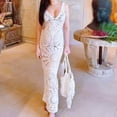 thumbnail image 3 of Summer Women Knitted Sleeveless Dress V-Neck Hollow Out Beach Dresses Elegant, 3 of 11