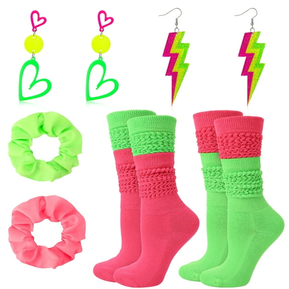 sixwipe 6 Pack 80s Accessories for Women, Included Neon Slouch Socks, Heart Earrings, Scrunchies, Neon Accessories Outfit Costume for 80s 90s Retro Party and Halloween