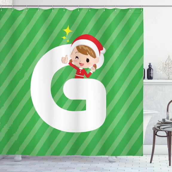 Ambesonne Christmas Alphabet Shower Curtain, Santa Letter G, 69"Wx70"L, Green Dark Coral and White