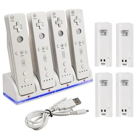 Insten Quad Dock Charge Station Cradle Charger with 4-pack Rechargeable Battery For Nintendo Wii Wii U Remote Controller - White (with USB Charging Cable)