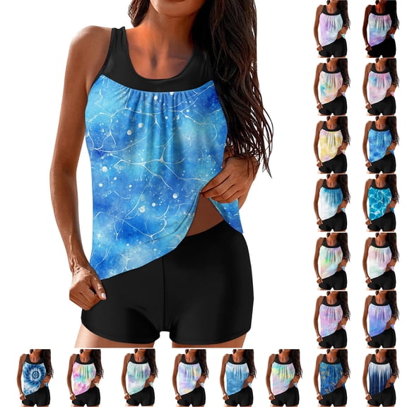 Women's Plus Size Tankini with Boyshorts Tie Dye Print Swimsuit Sets Sleeveless Modest Bathing Suit ,Size S-2XL
