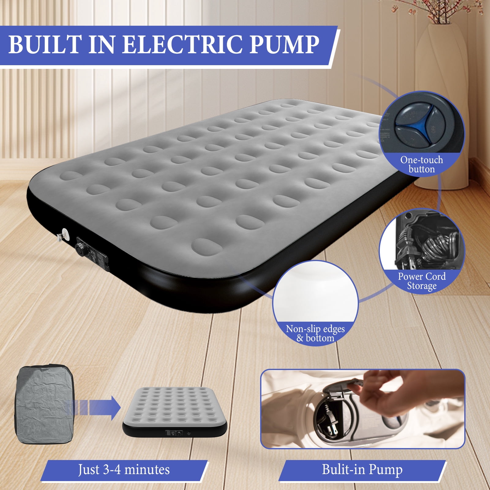 Full Size Air Mattress with Built in Pump,High Portable 10" Inflatable Mattress,Blow Up Mattress for Travel,Home and Guest(Pale Gray)