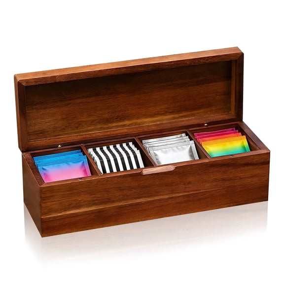 Acacia Wood Tea Bag Organizer with 4 Compartments - Tea Storage Box for Countertop Display and Kitchen Organization