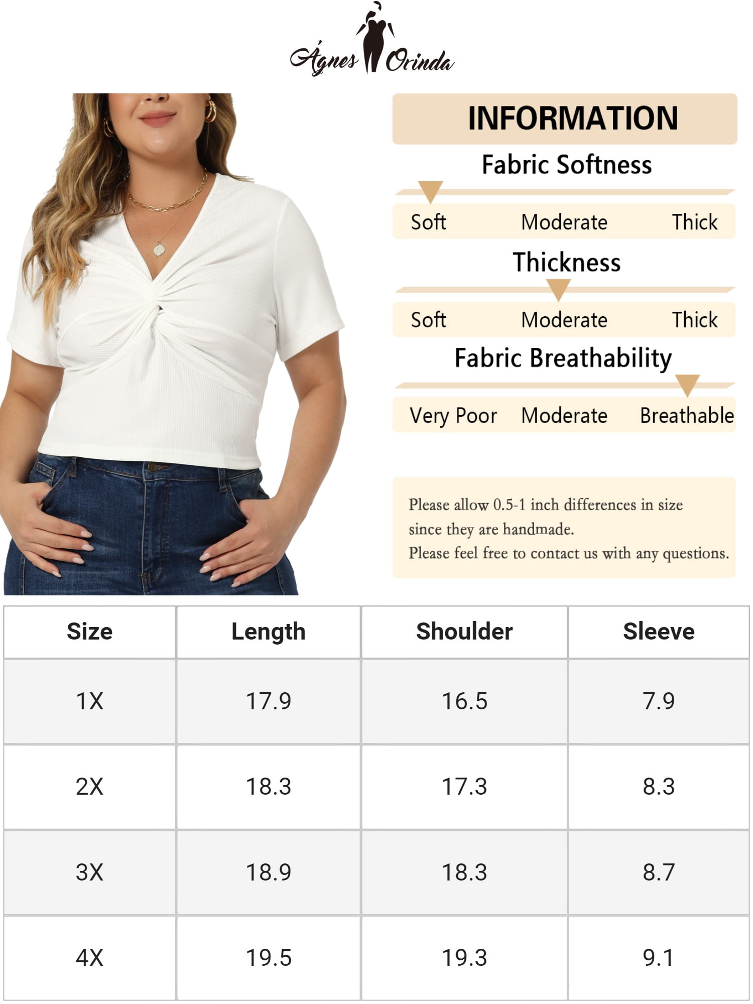 Women's Plus Size Twist Front V Neck Ribbed Short Sleeve Casual Solid Blouses White 1X