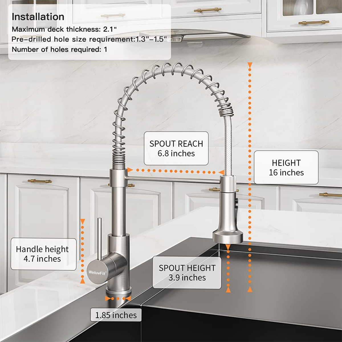 WeluvFit Kitchen Faucet with Pull Down Sprayer, Dual Function Sprayhead in Stainless Steel Finish