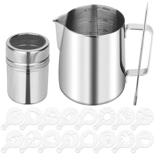 Espumador de leche, taza de 12 oz/350 ml, jarra espumadora de leche de acero inoxidable con agitador de polvo, lápiz para arte en café y plantilla para café para espumar leche