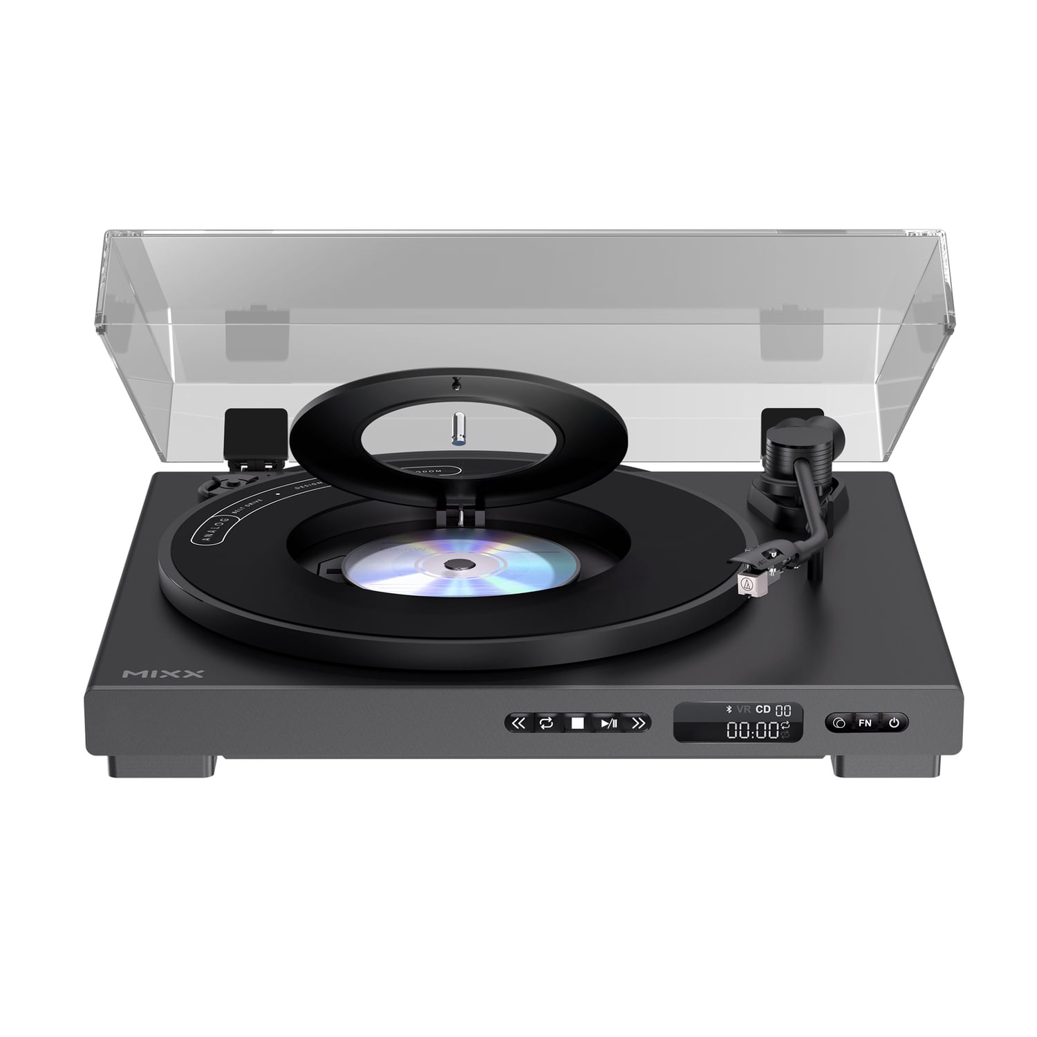 Mixx Analog Plus 2-in-1 Vinyl Record/CD Player with 2-Speed Belt-Drive Fully Automatic Turntable, Bluetooth/Aux Out, Track Display, Remote, Black