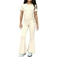thumbnail image 2 of Kids & Girls 2 Piece Outfit Set, Beige Soft Ribbed Knit Short Sleeve Top & High Waisted Flare Pants Matching Play Clothes,Size 2-3T, 2 of 5