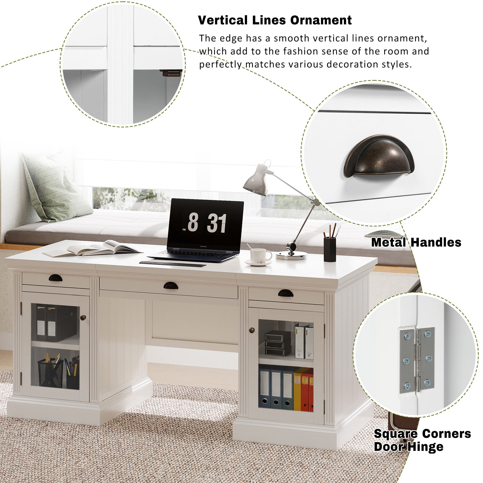 DTTRA 67" Modern Executive Desk with 3 Drawers & 2 Cabinets, Built-in Outlets, White