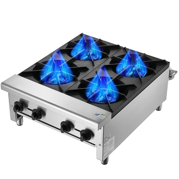 VEVOR Commercial Gas Stove with 4 Burners, Propane and Natural Gas Countertop Cooking Stove Range, Stainless Steel Gas Hot Plate, Commercial Cooking Equipment for Restaurant, 112,000 BTU