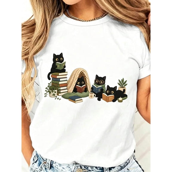 【New Arrival】Book Lover Black Cats Graphic T-Shirt, Cute Reading Cat Crewneck Short Sleeve Tee, Bookworm Unisex Casual Top