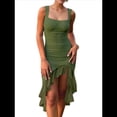 thumbnail image 3 of Vestido Midi Ajustado Fruncido para Mujer, Cuello Cuadrado, Sin Mangas, Bajo con Volantes, Vestido de Fiesta para Discoteca, Verde , Talla S, 3 of 7