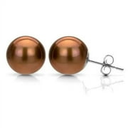 PJ JEWELRY 10K White Gold Plated 10 mm Chocolate Pearl Round Stud Earrings