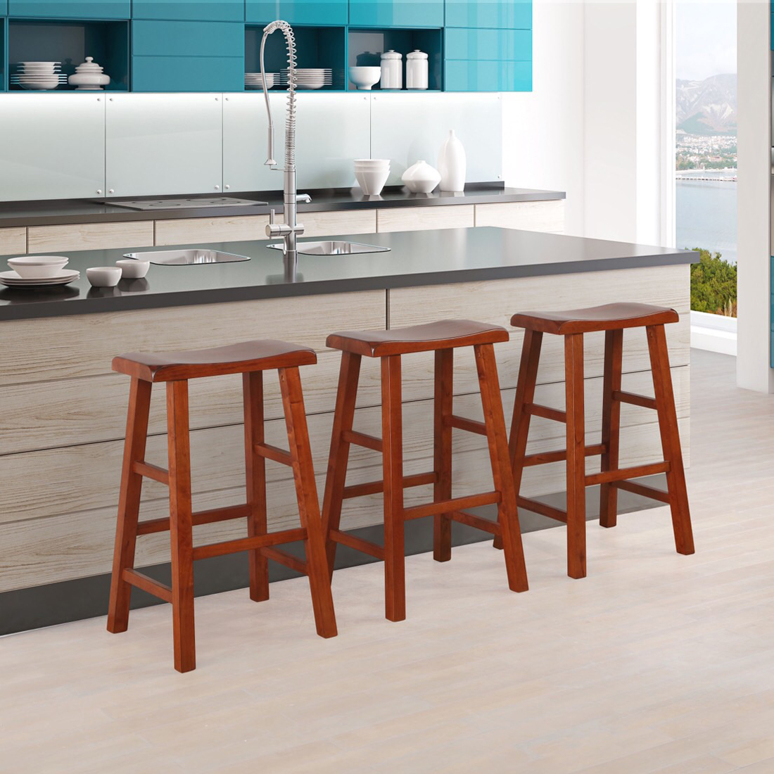 eHemco Heavy-Duty Solid Wood Saddle Seat Kitchen Counter Barstools, 29 Inches, Dark Oak, Set of 3 - image 4 of 6