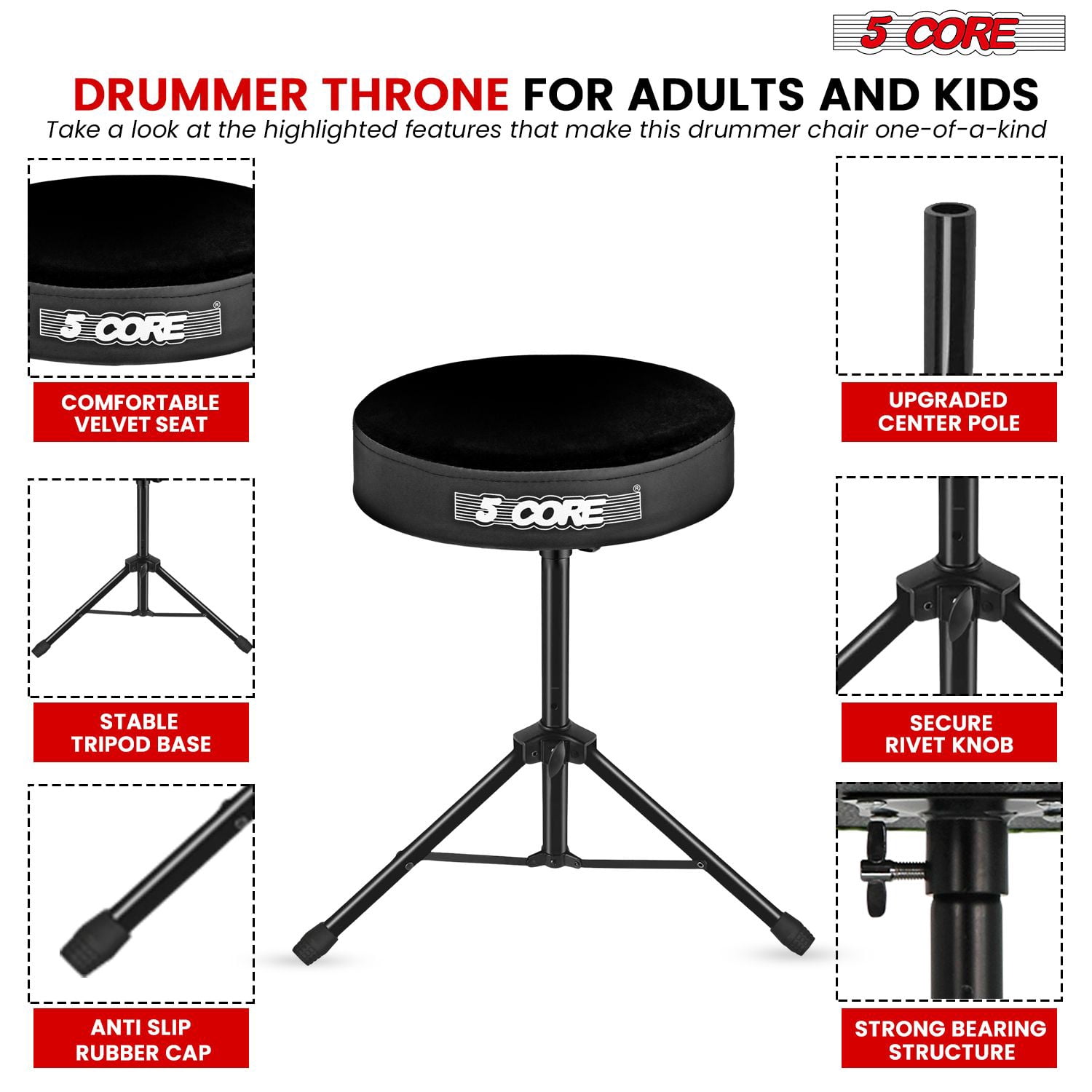 Adjustable Drum Throne Stool with 3" Thick Padding – Heavy-Duty 330 lb Capacity Guitar Seat for Adults & Kids, Anti-Slip Tripod Base