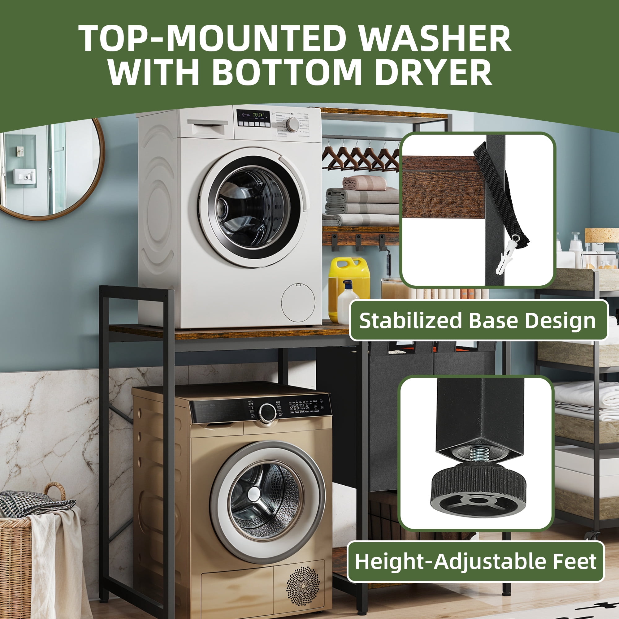 Uforic Laundry Storage Shelves with Hamper, Washer & Dryer Storage Rack, Brown