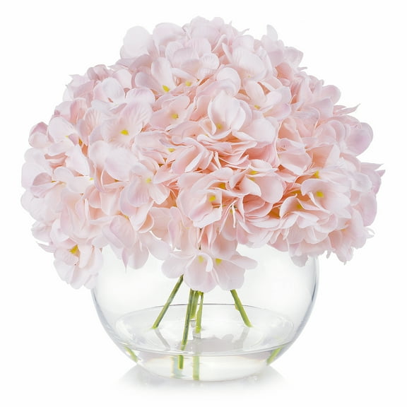 Enova Home Artificial Flowers Silk Hydrangea Fake Flowers Arrangement in Clear Glass Round Vase with Faux Water for Home Office Wedding Party Decoration (Pink)