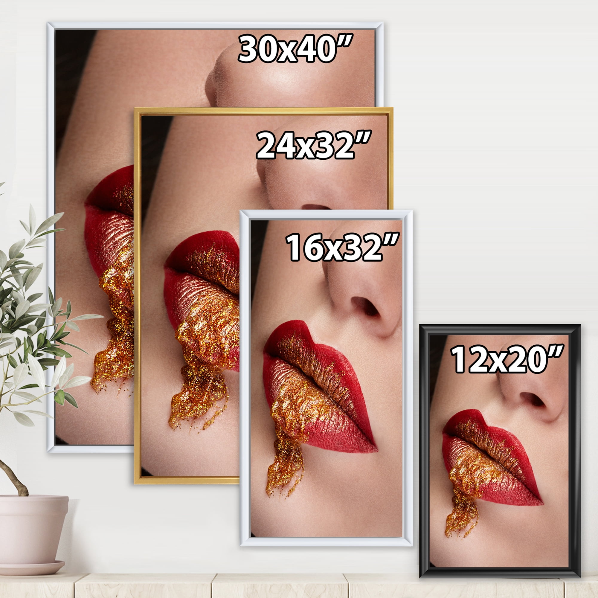 Designart 'Close Up Lips With Gold and Red Make Up' Modern Framed Canvas Wall Art Print