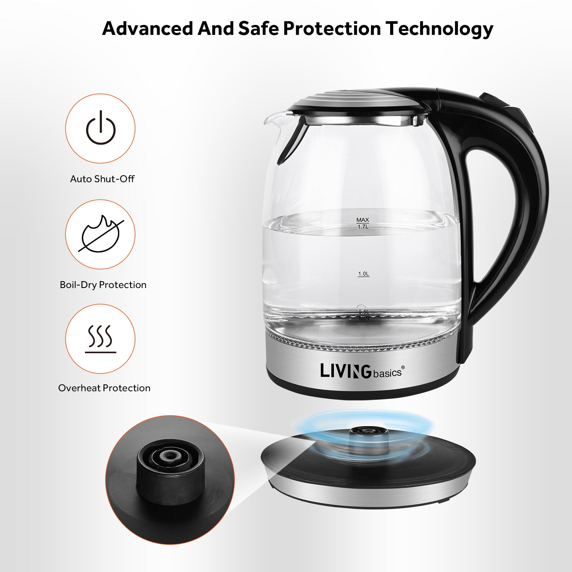 LIVINGbasics 1.7 L Glass Electric Kettle Water Boiler Tea Kettle with LED Indicator Light Auto Shut Off Boil Dry Protection BPA Free