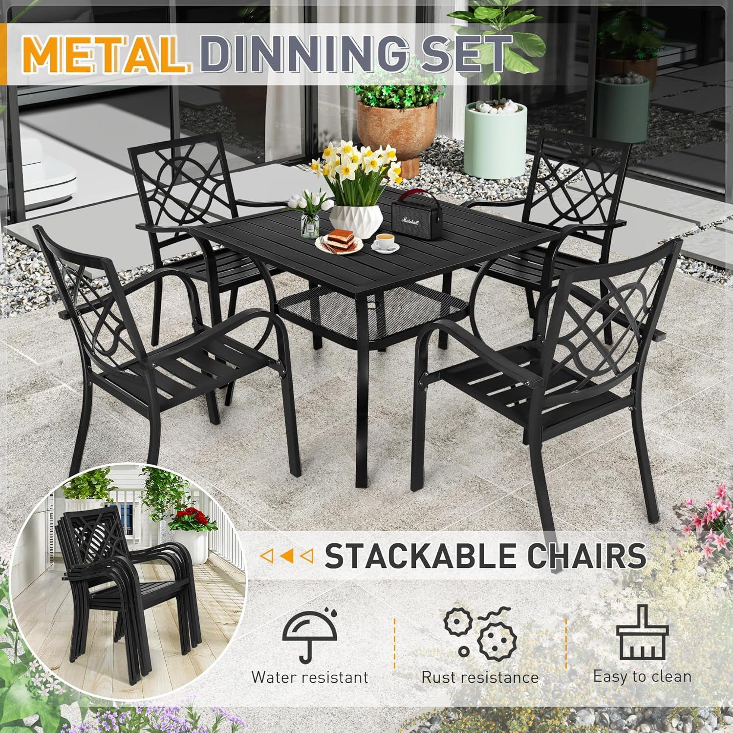 SUNCROWN 4 Pieces Wrought Iron Chairs Outdoor Dining Chairs Patio Metal Stack Chair for Backyard Garden