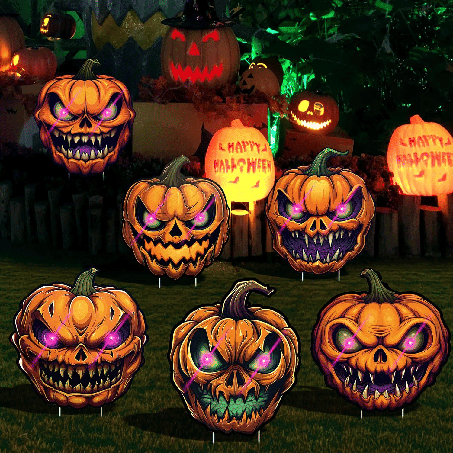 6 Pack Glow-in-the-Dark Pumpkin Yard Signs for Outdoor Halloween Lawn Decor