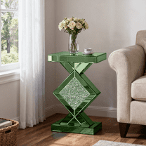 SHYFOY 23" Green Mirrored Pedestal End Table with Crystal Diamond Inlay, Modern Accent Side Table
